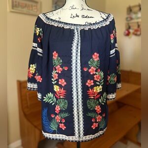 Flower & Feather Off Shoulder Blouse Floral Print Boxy Lightweight Top Plus 3XL